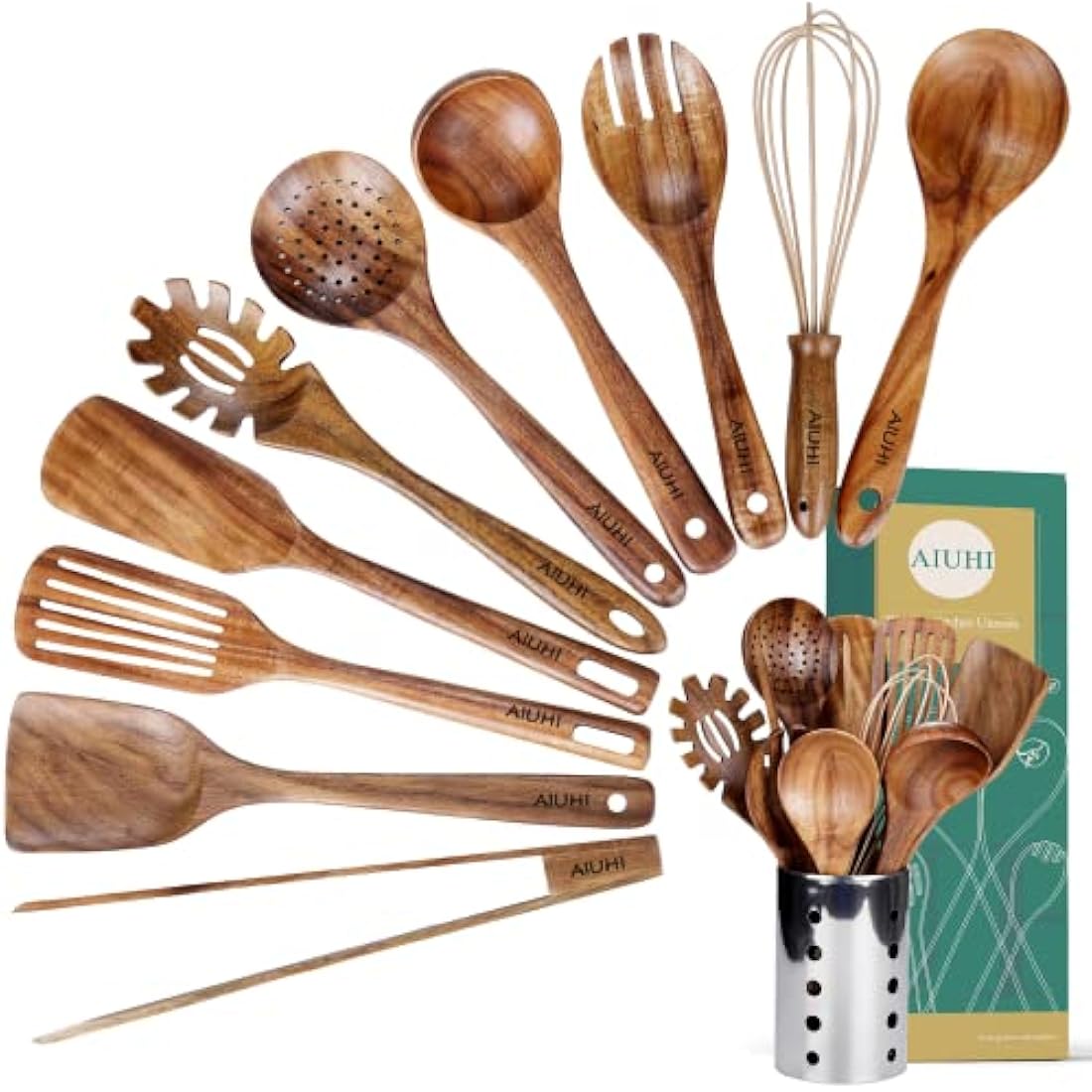 Küchenutensilien-Set mit Halter, Küchenutensilien aus Holz zum Kochen, Kochlöffel aus natürlichem Teakholz, Küchenutensilien-Set aus Holz mit Spatel und Schöpflöffel (11)