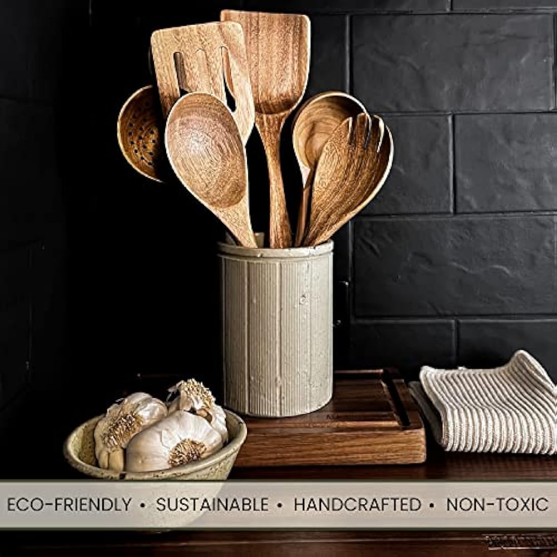 A&M Natural Living Küchenutensilien-Set aus Holz, 7-teilig, Kochlöffel-Set aus Holz, Servierlöffel, Holzspatel-Set, Kochlöffel-Küchensets