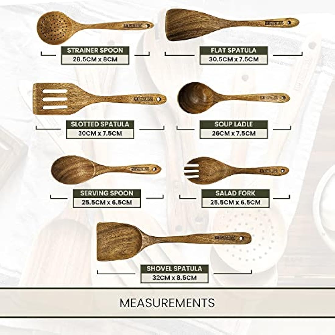 A&M Natural Living Küchenutensilien-Set aus Holz, 7-teilig, Kochlöffel-Set aus Holz, Servierlöffel, Holzspatel-Set, Kochlöffel-Küchensets
