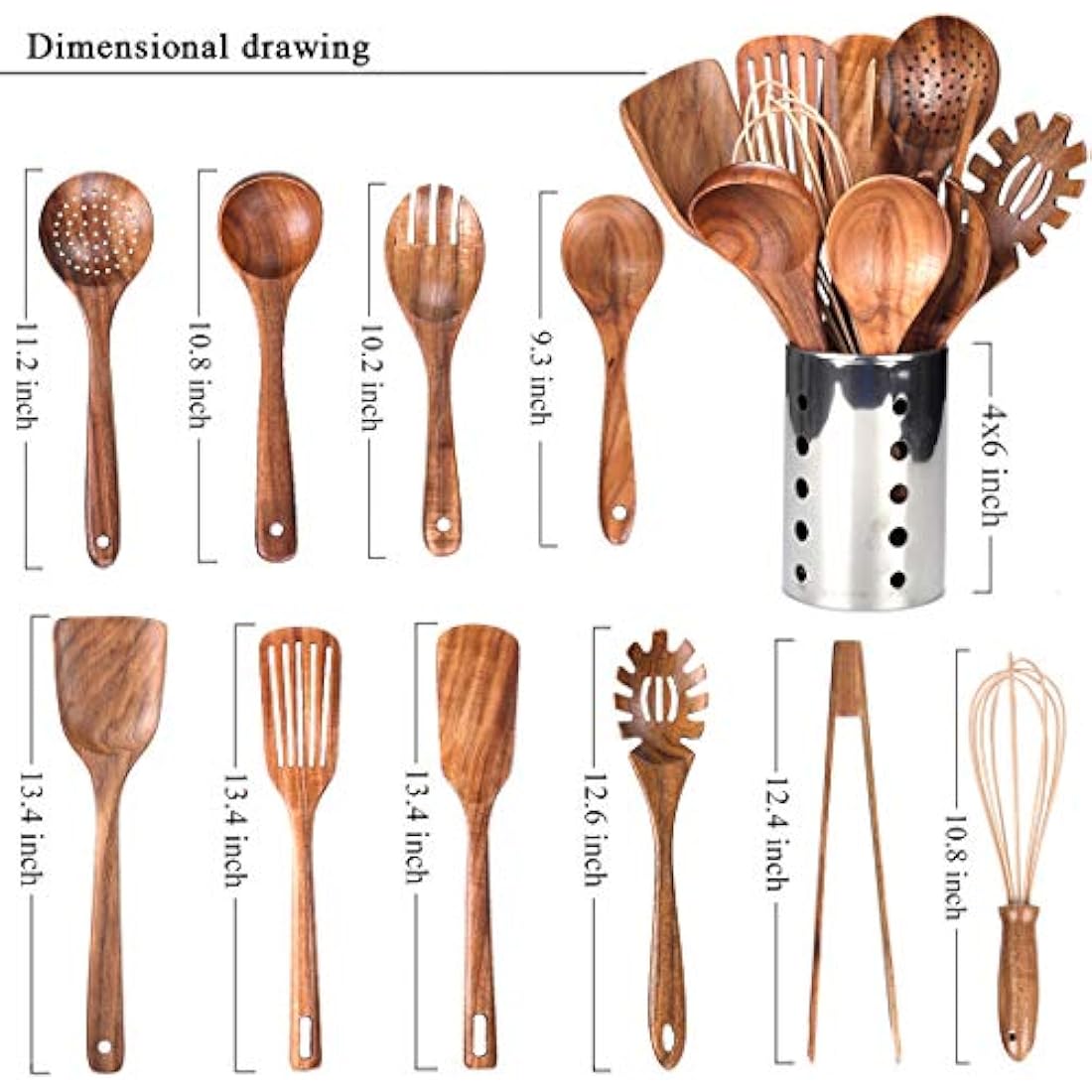 Küchenutensilien-Set mit Halter, Küchenutensilien aus Holz zum Kochen, Kochlöffel aus natürlichem Teakholz, Küchenutensilien-Set aus Holz mit Spatel und Schöpflöffel (11)