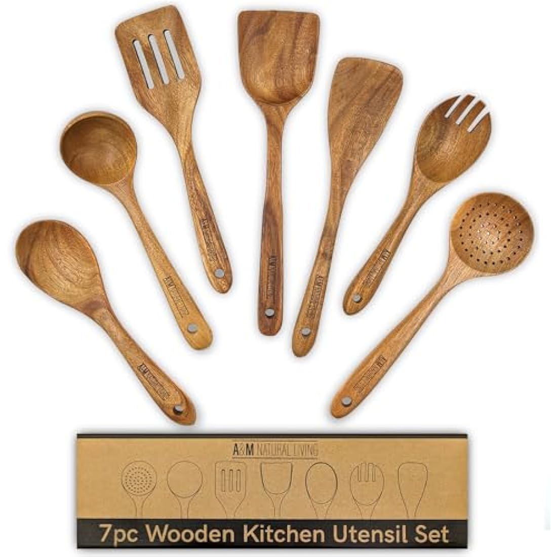 A&M Natural Living Küchenutensilien-Set aus Holz, 7-teilig, Kochlöffel-Set aus Holz, Servierlöffel, Holzspatel-Set, Kochlöffel-Küchensets