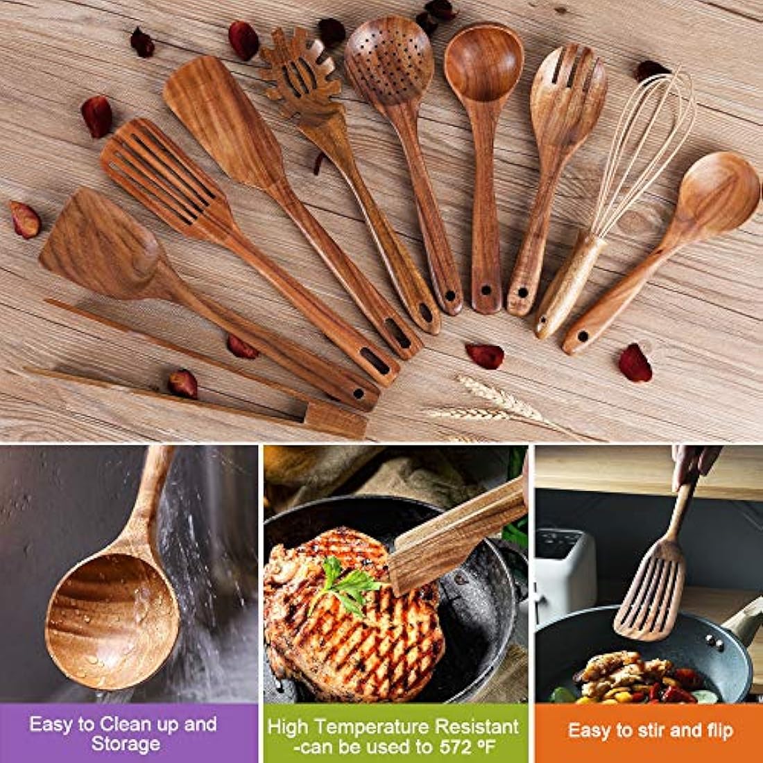 Küchenutensilien-Set mit Halter, Küchenutensilien aus Holz zum Kochen, Kochlöffel aus natürlichem Teakholz, Küchenutensilien-Set aus Holz mit Spatel und Schöpflöffel (11)