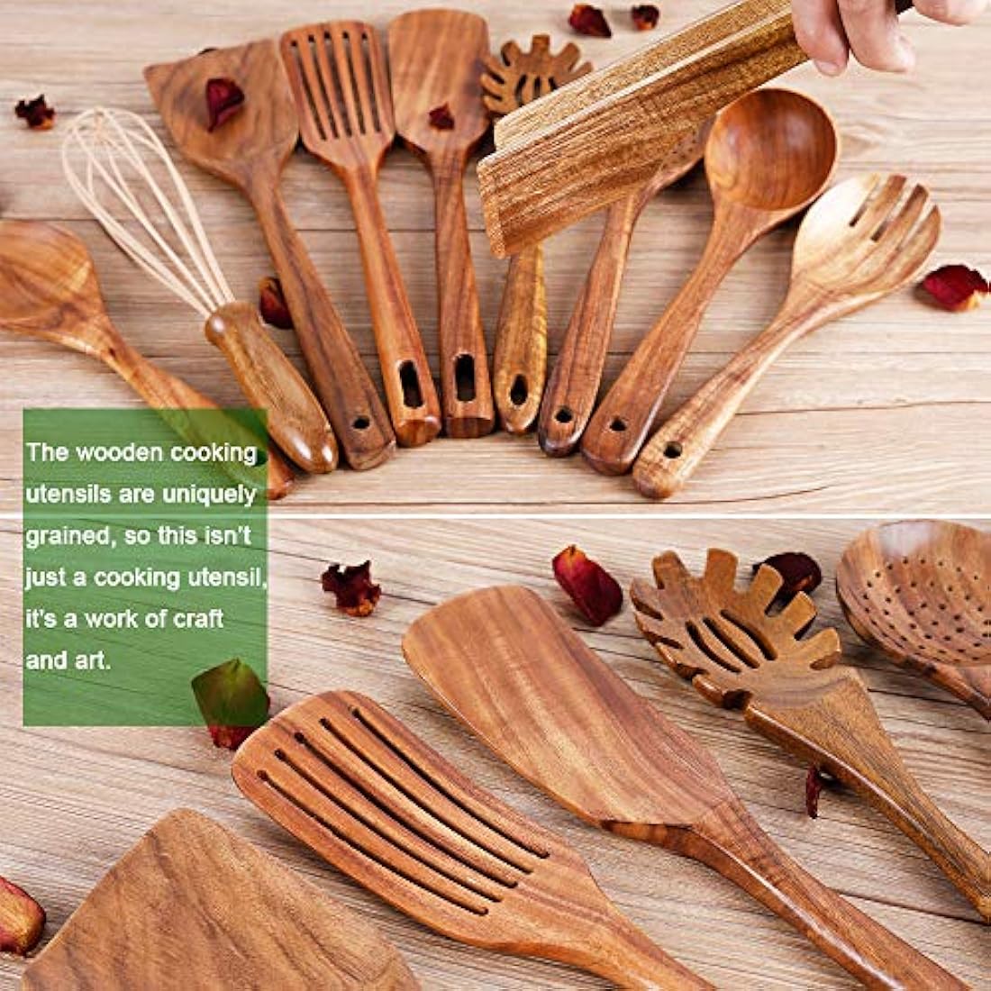 Küchenutensilien-Set mit Halter, Küchenutensilien aus Holz zum Kochen, Kochlöffel aus natürlichem Teakholz, Küchenutensilien-Set aus Holz mit Spatel und Schöpflöffel (11)