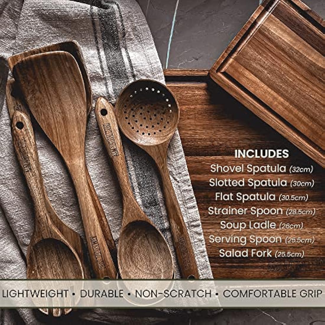 A&M Natural Living Küchenutensilien-Set aus Holz, 7-teilig, Kochlöffel-Set aus Holz, Servierlöffel, Holzspatel-Set, Kochlöffel-Küchensets
