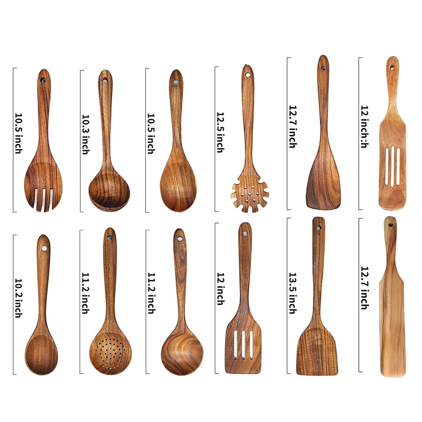 Kochlöffel aus Holz, 12er-Pack Küchenhelfer aus Holz, Kochbesteck-Set aus Holz, Natürliche Teakholz-Spachtel für
