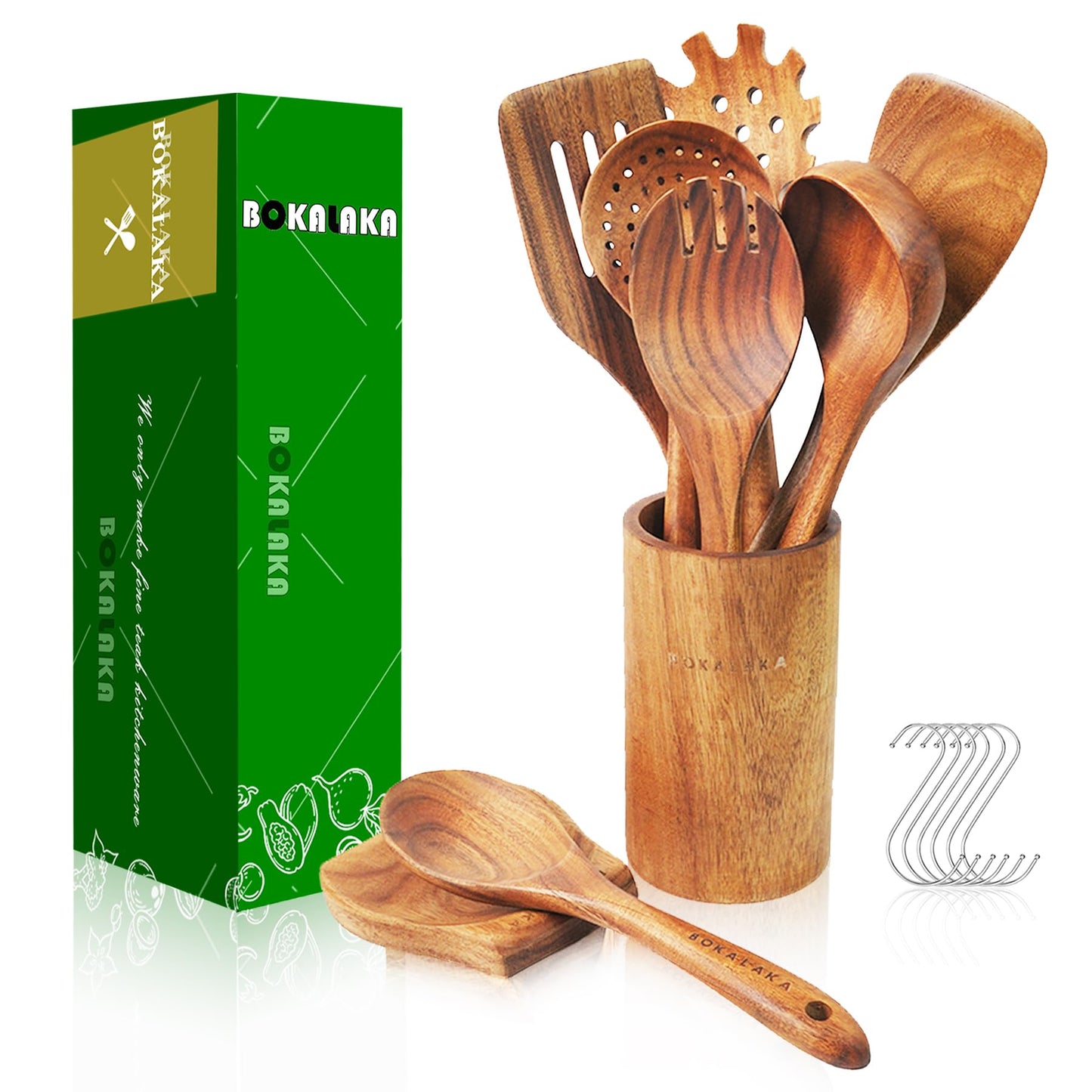 Kochlöffel aus Holz, 9-teiliges Holzutensilien-Set zum Kochen, Kochutensilien aus Holz mit bequemem Griff, Teakholz-Küchenutensilien-Set mit Utensilien