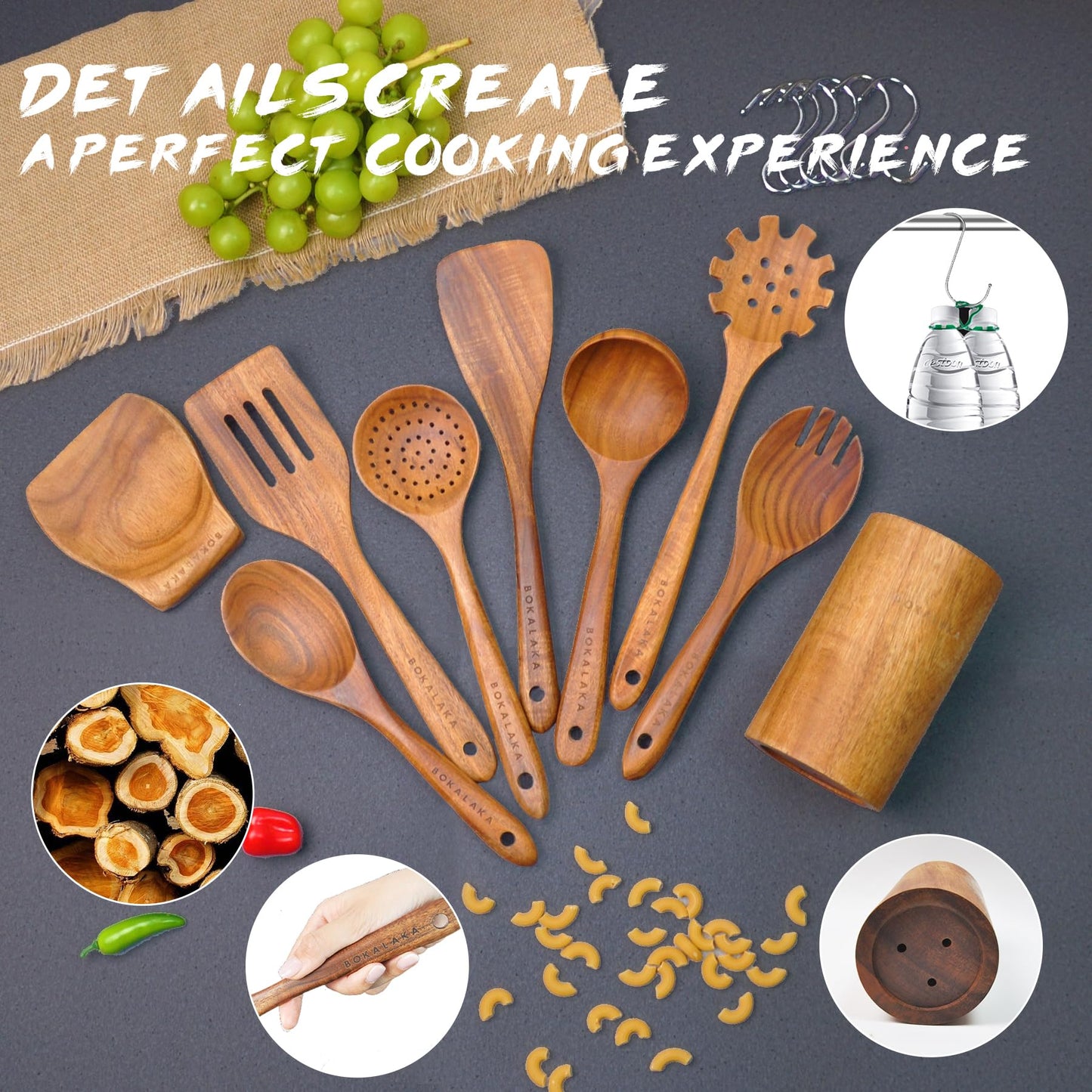 Kochlöffel aus Holz, 9-teiliges Holzutensilien-Set zum Kochen, Kochutensilien aus Holz mit bequemem Griff, Teakholz-Küchenutensilien-Set mit Utensilien