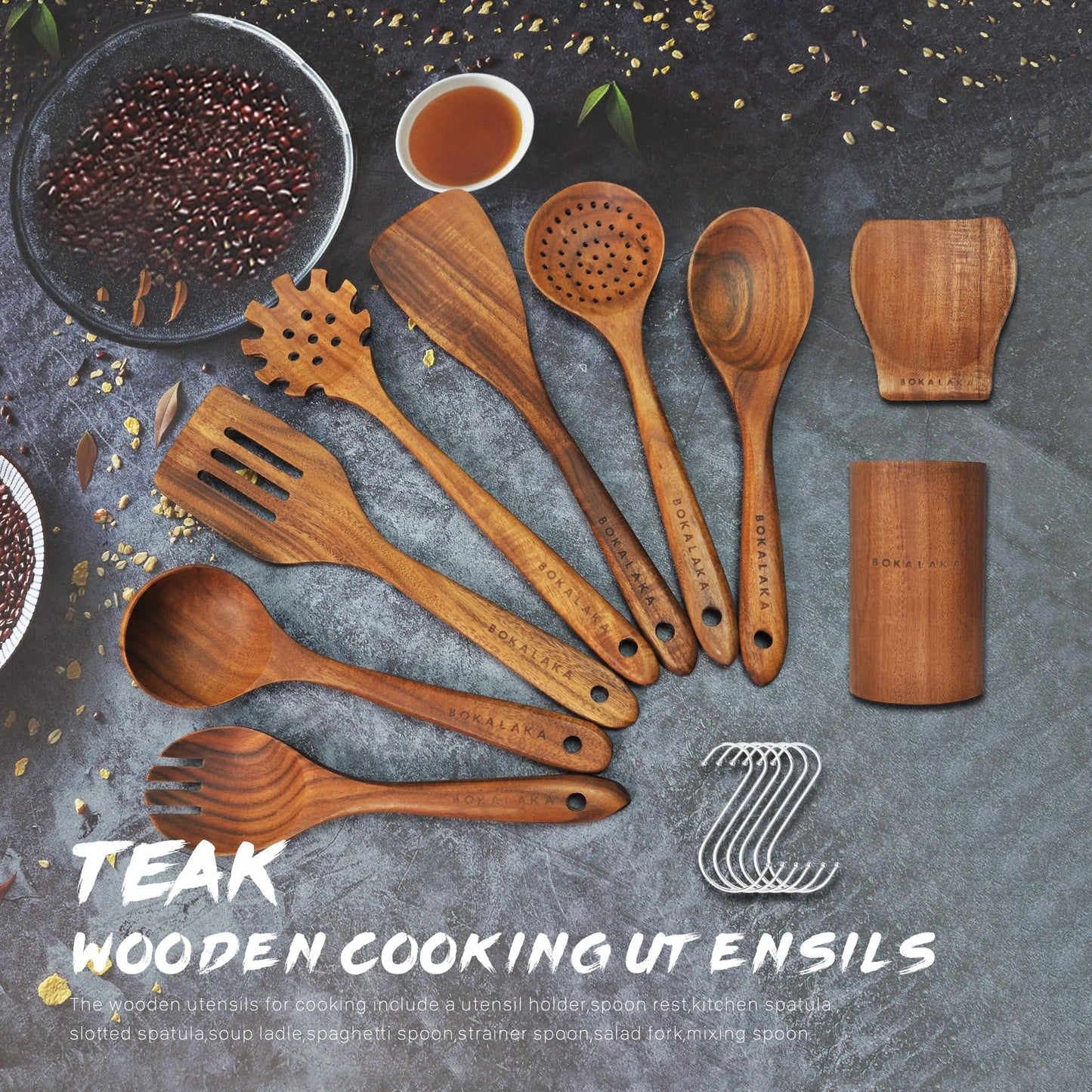 Kochlöffel aus Holz, 9-teiliges Holzutensilien-Set zum Kochen, Kochutensilien aus Holz mit bequemem Griff, Teakholz-Küchenutensilien-Set mit Utensilien