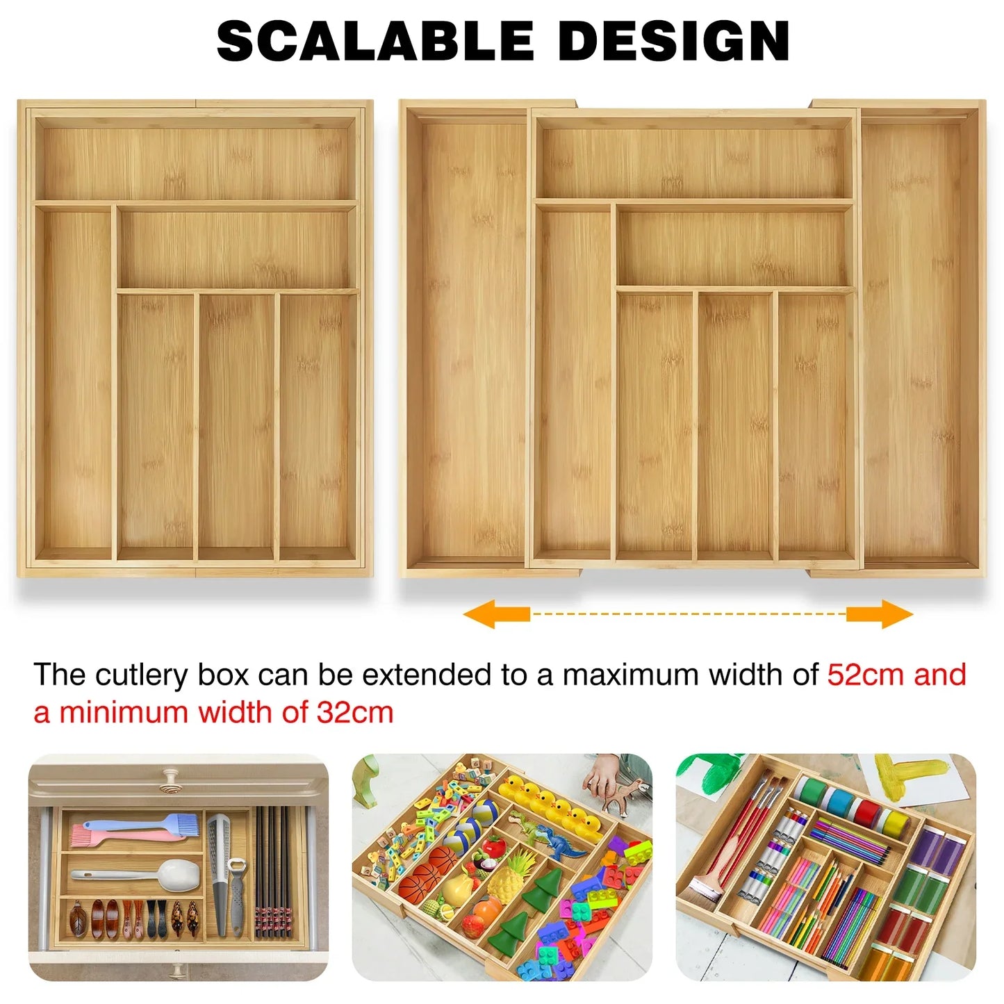 Besteckkasten für Schubladen mit 6 - 8 Fächern, Ideal zum Aufbewahren von Messern, Gabeln und anderem Besteck, Besteckorganizer