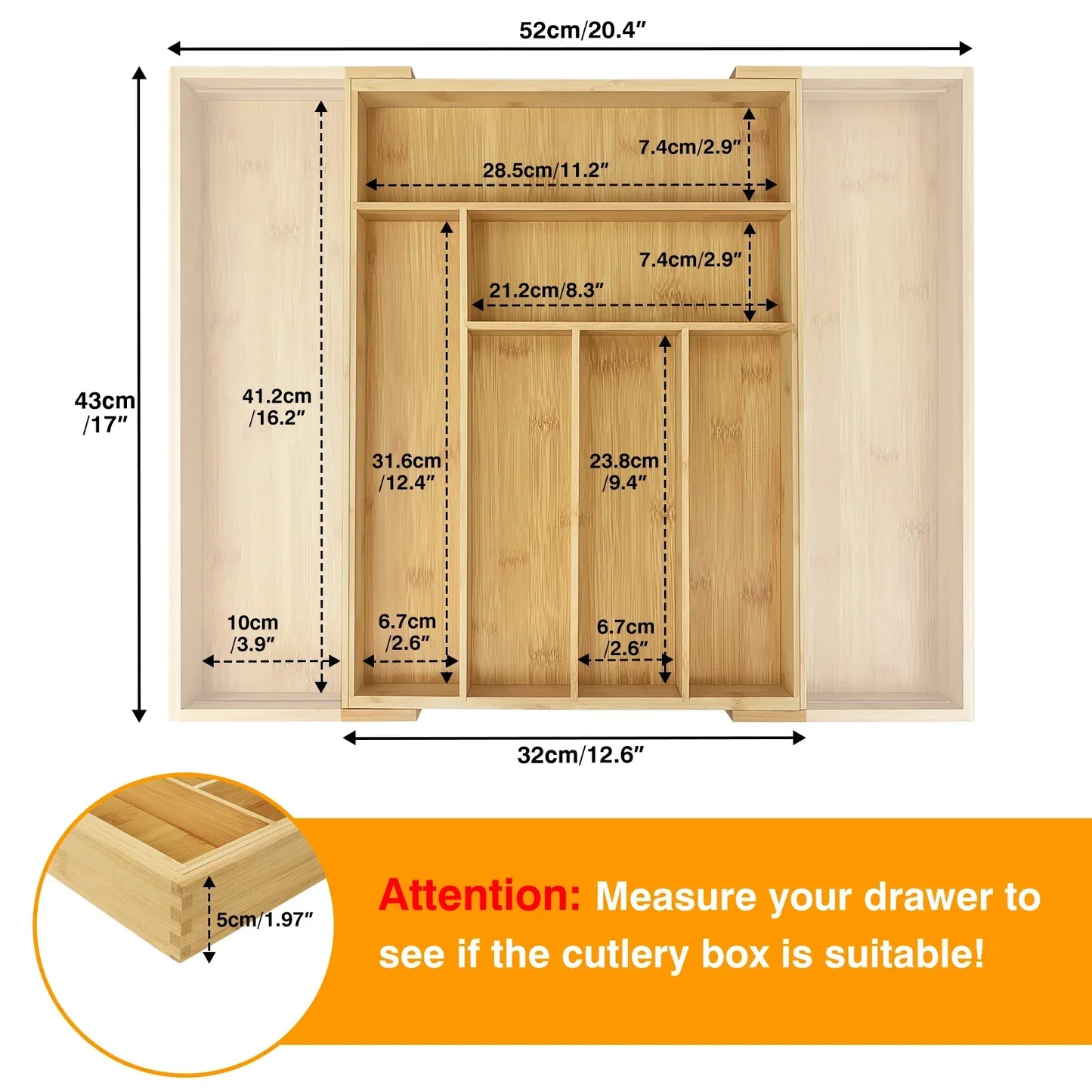 Besteckkasten für Schubladen mit 6 - 8 Fächern, Ideal zum Aufbewahren von Messern, Gabeln und anderem Besteck, Besteckorganizer